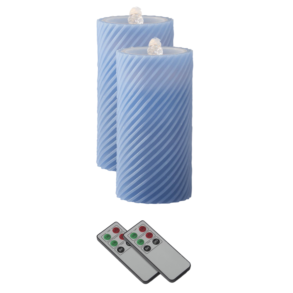Two blue spiral LED wax pillar water candles with remote controls against a white background.