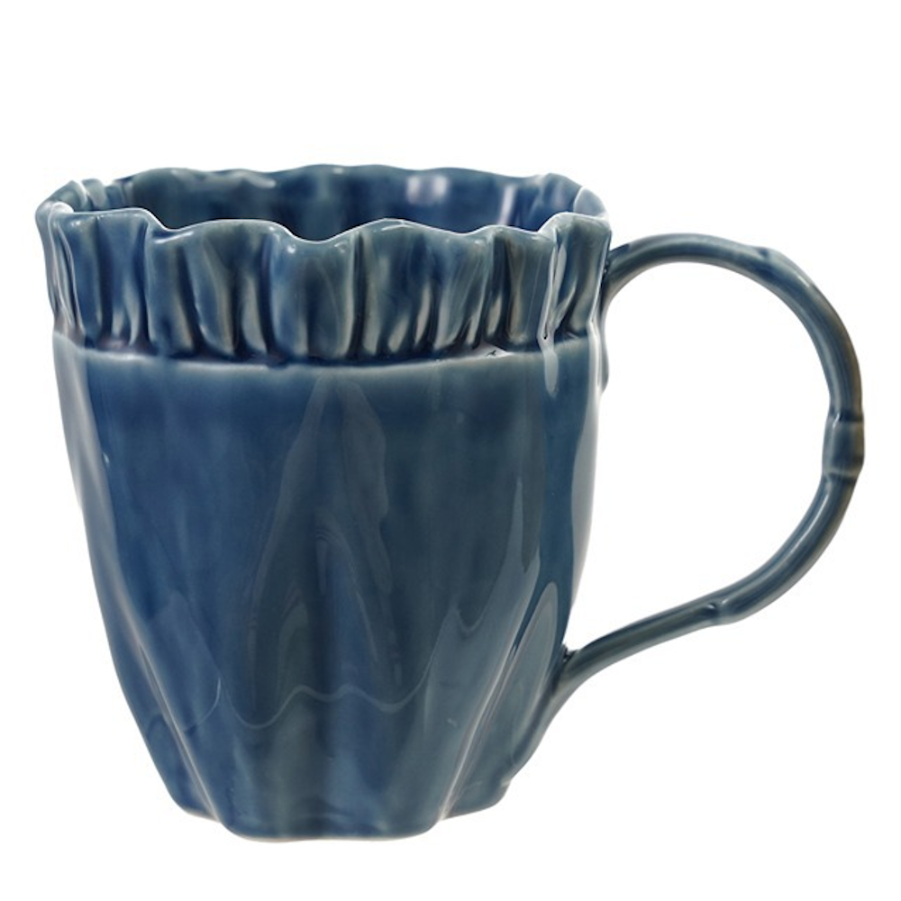 Glossy blue ceramic mug featuring a ruffled, fluted rim and a curved handle set against a white background.