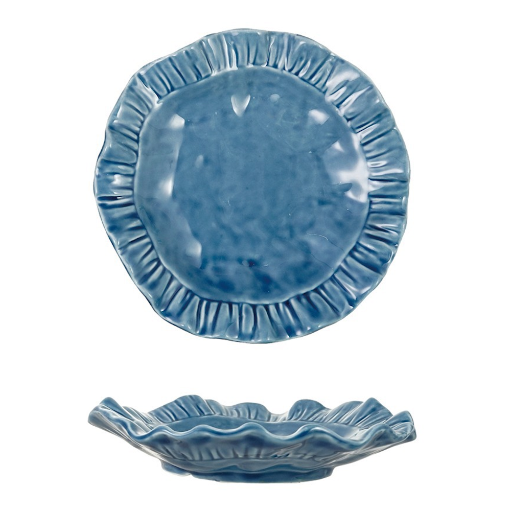 Glossy blue ceramic plate featuring a ruffled, fluted rim, shown from both top and side views.