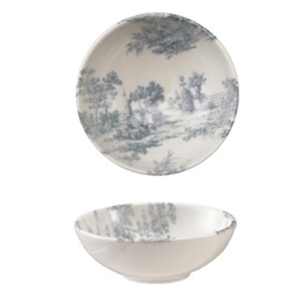 Top and side views of a white stoneware bowl with a blue pastoral toile pattern featuring trees and landscapes.