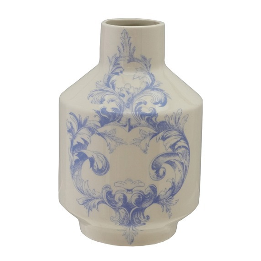 White stoneware vase with blue floral acanthus scroll design. Simple and elegant ceramic home decor.