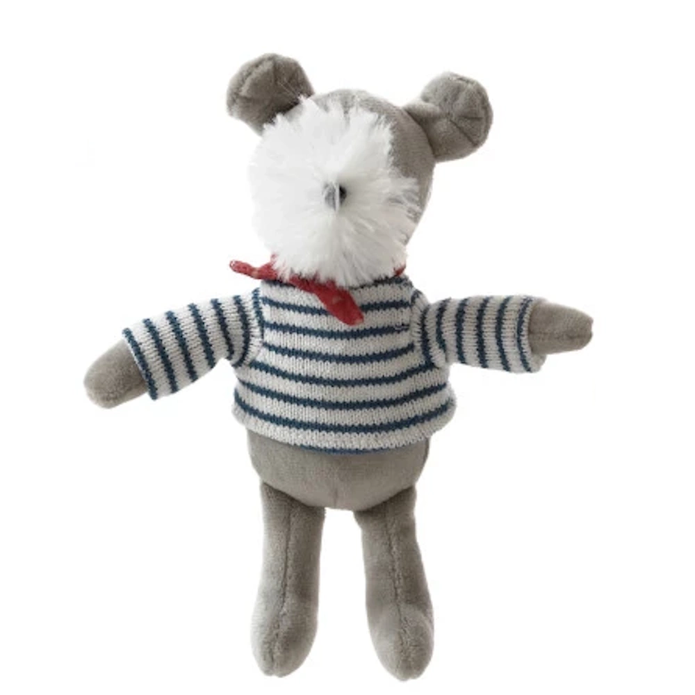 Small plush grey dog toy wearing a blue and white striped sweater and a red neckerchief on a white background.