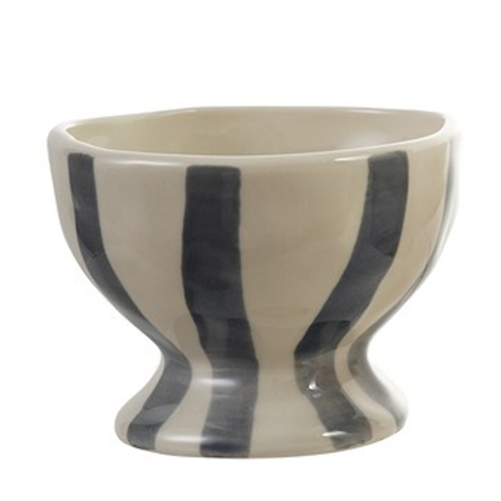 Hand-painted cream stoneware footed bowl with thick dark blue vertical stripes.