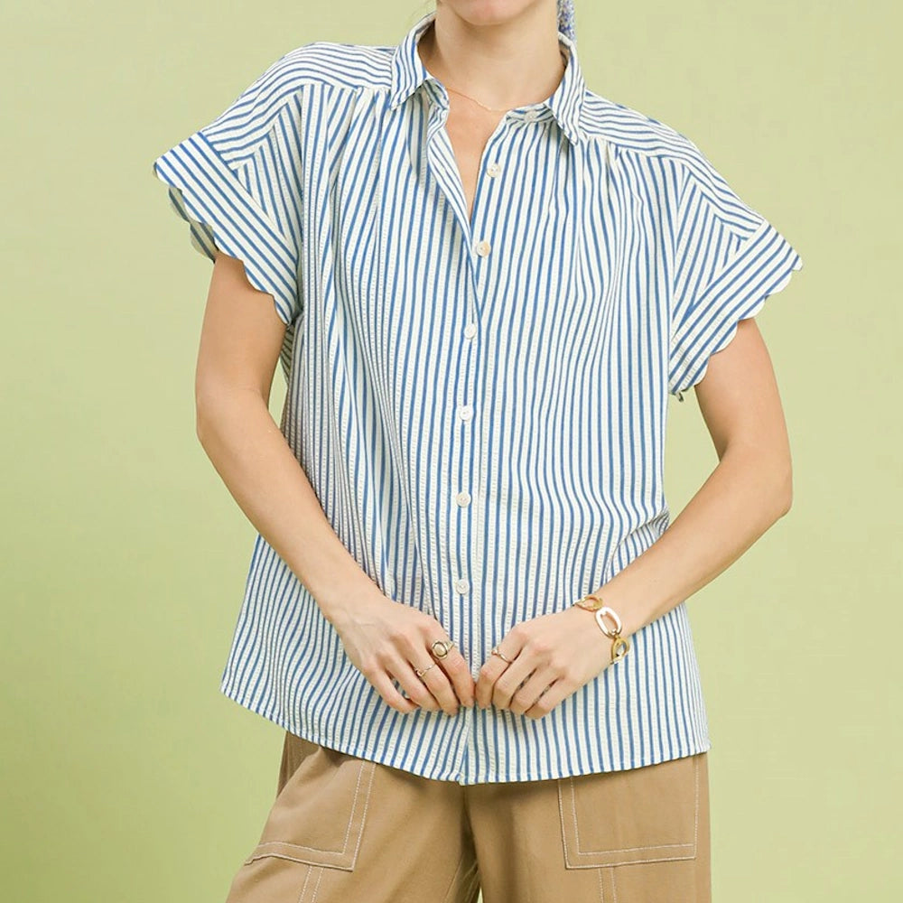 Blue and white striped button-down shirt with short scalloped sleeves and a collared neckline.