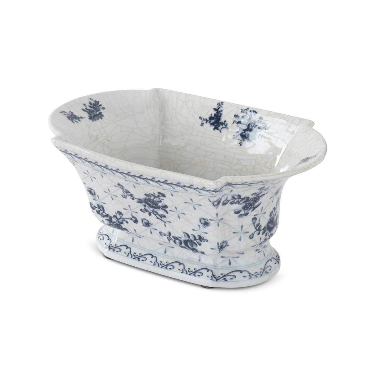 Vintage blue and white floral crackle glaze porcelain planter with scalloped rim on a white background.