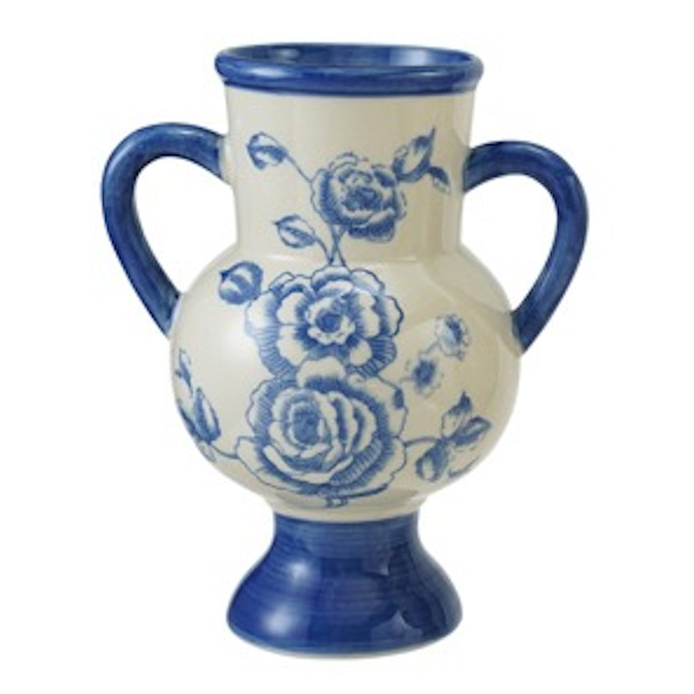 Blue and white hand-painted stoneware vase with two handles, a pedestal base, and floral rose designs.