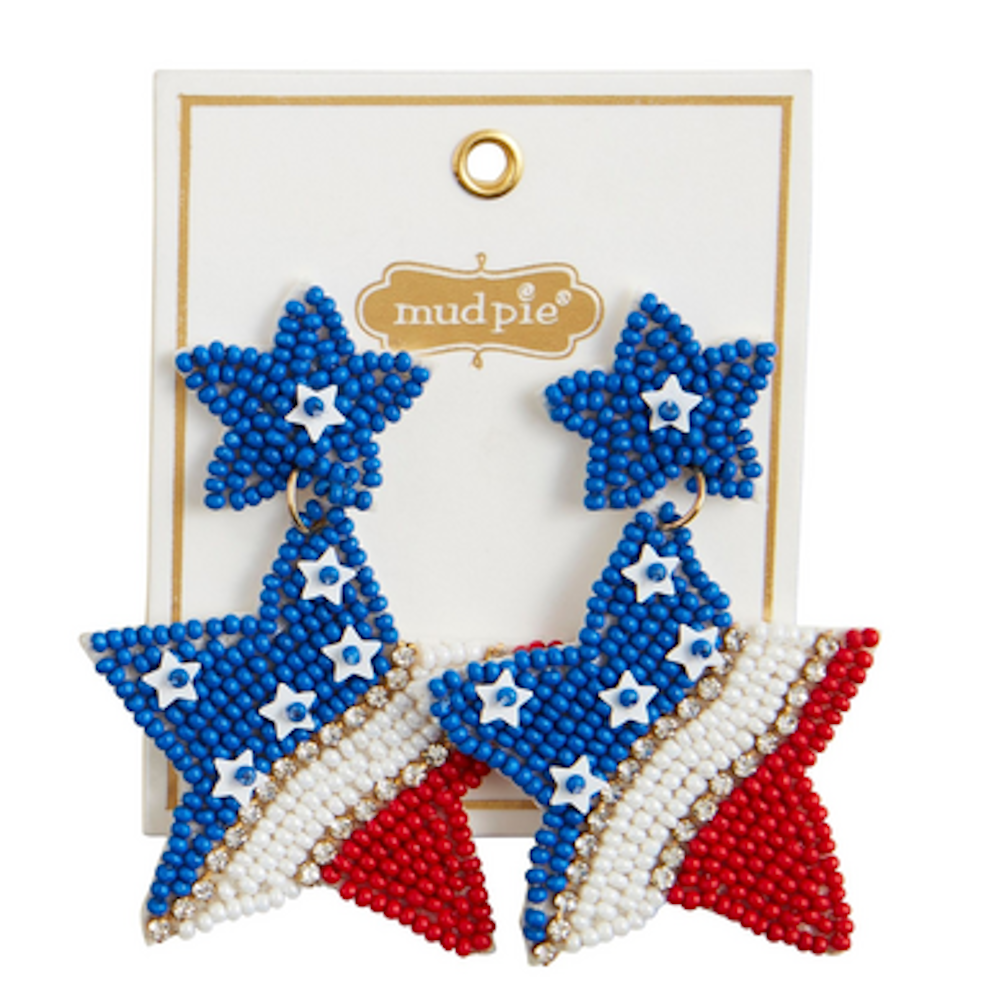 Beaded star earrings by Mud Pie in a red, white, and blue patriotic theme with crystal accents on a display card.
