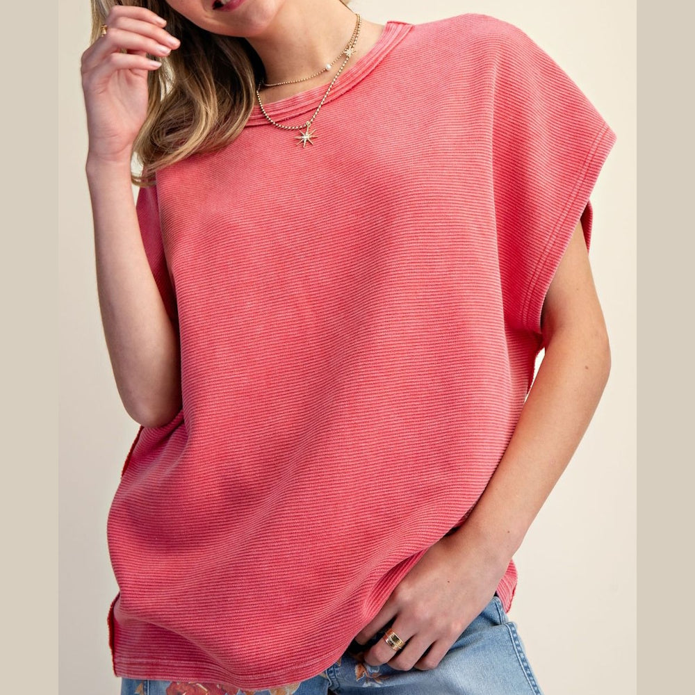 Boho red drop shoulder top with ribbed texture and mineral wash finish. Casual short sleeve relaxed fit shirt.