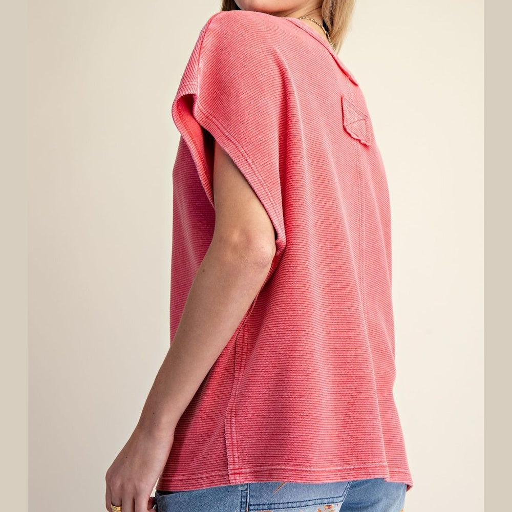 Boho red drop shoulder textured top with mineral wash finish and relaxed fit.