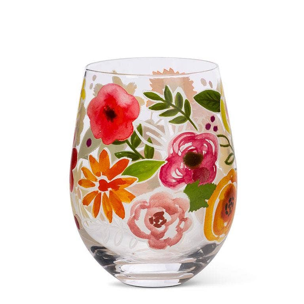 Hand-painted stemless wine glass featuring a vibrant watercolor pattern of red, pink, and orange flowers.