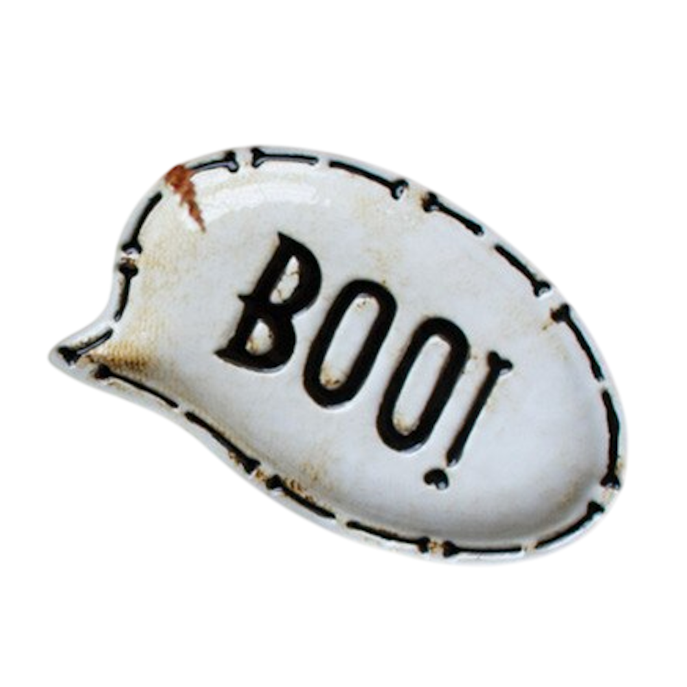 Ceramic speech bubble serving platter with BOO text, Halloween kitchen decor.