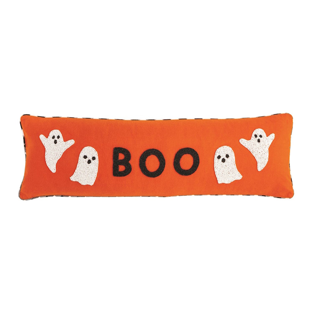 Orange Halloween lumbar pillow featuring white beaded ghosts and the word "BOO" in black.