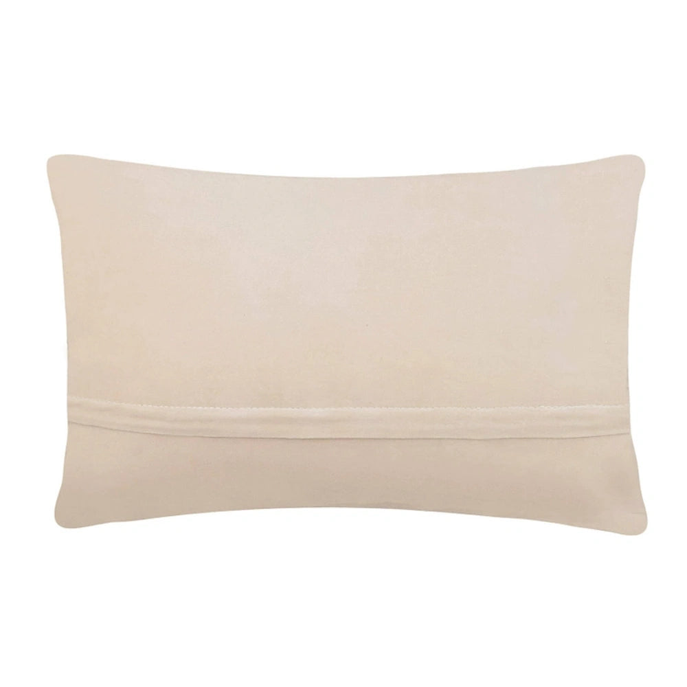 Back view of a solid cream lumbar pillow with a covered horizontal zipper.