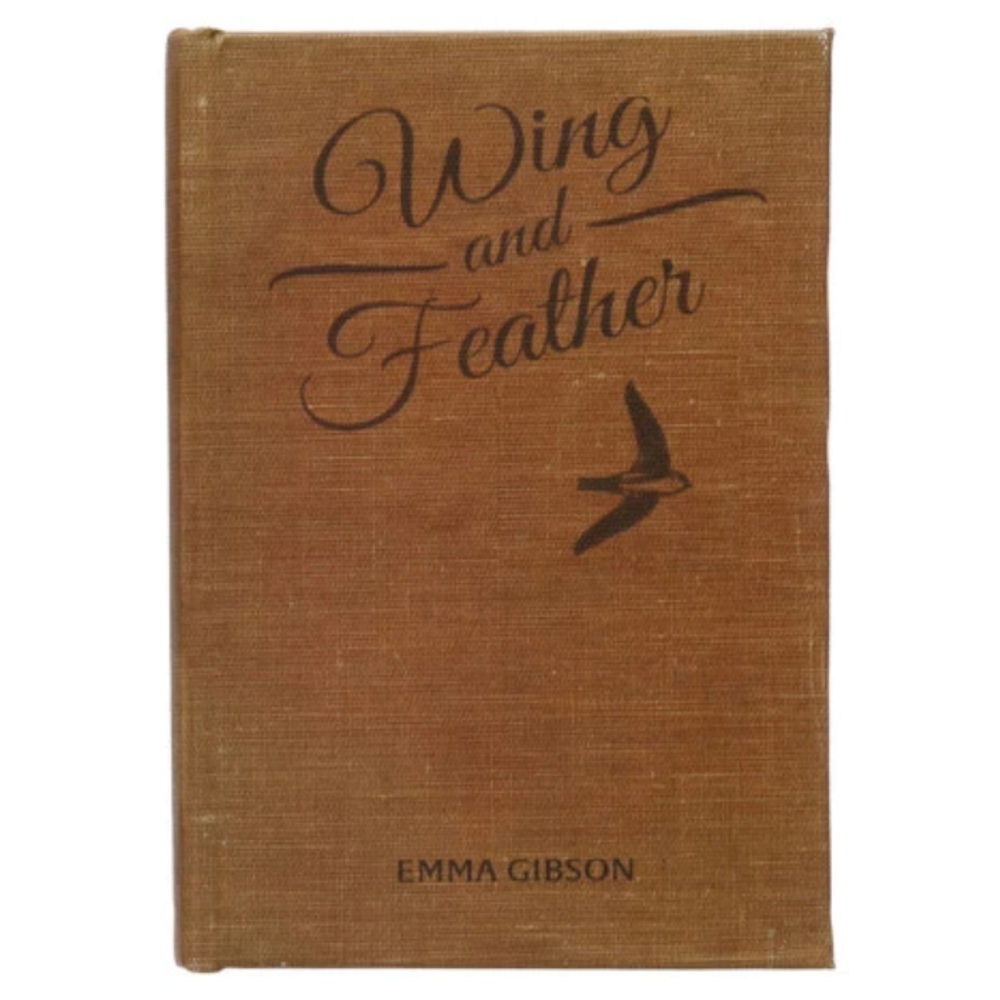Brown vintage book cover of Wing and Feather by Emma Gibson with a bird silhouette.