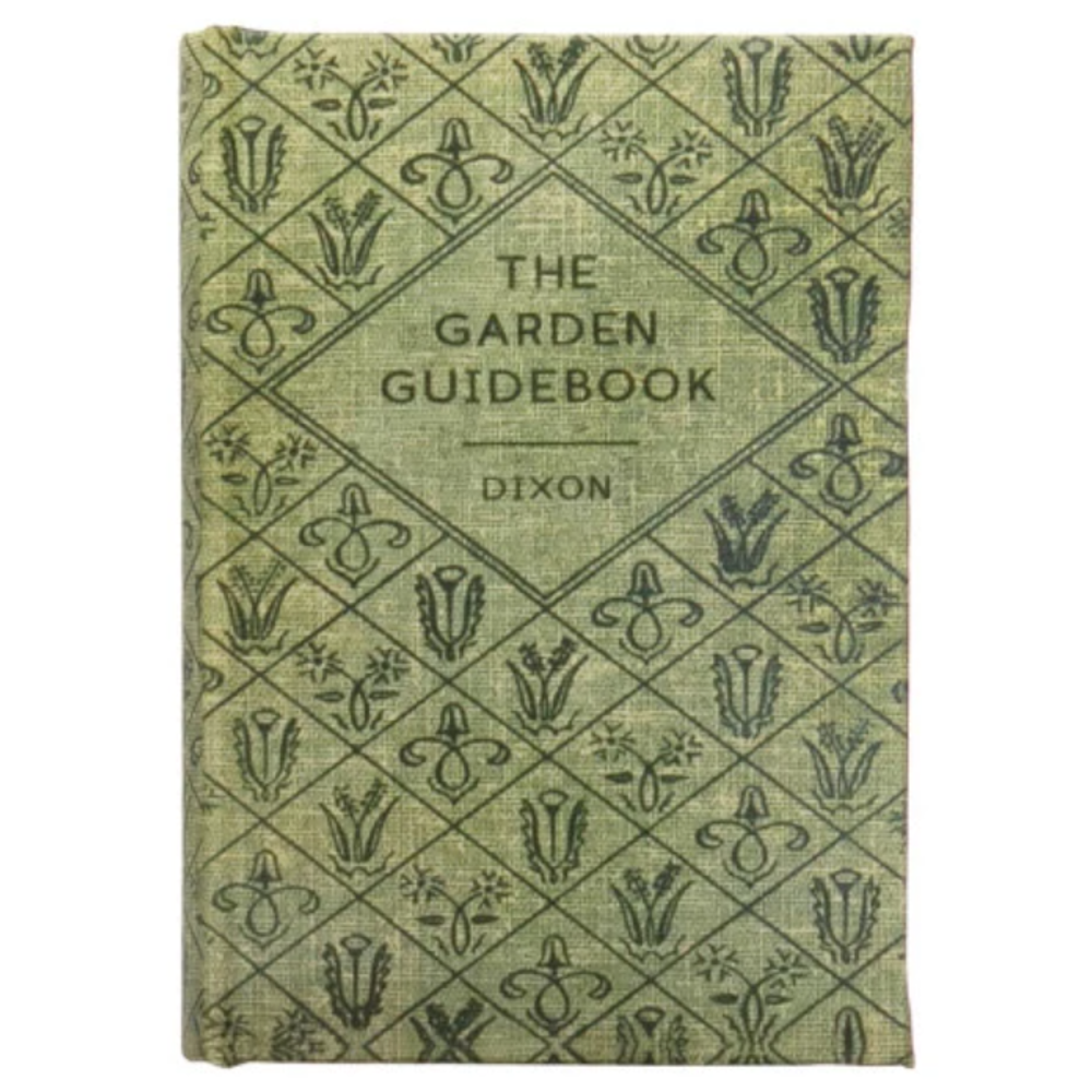 The Garden Guidebook by Dixon vintage book cover with green linen texture and diamond floral pattern.