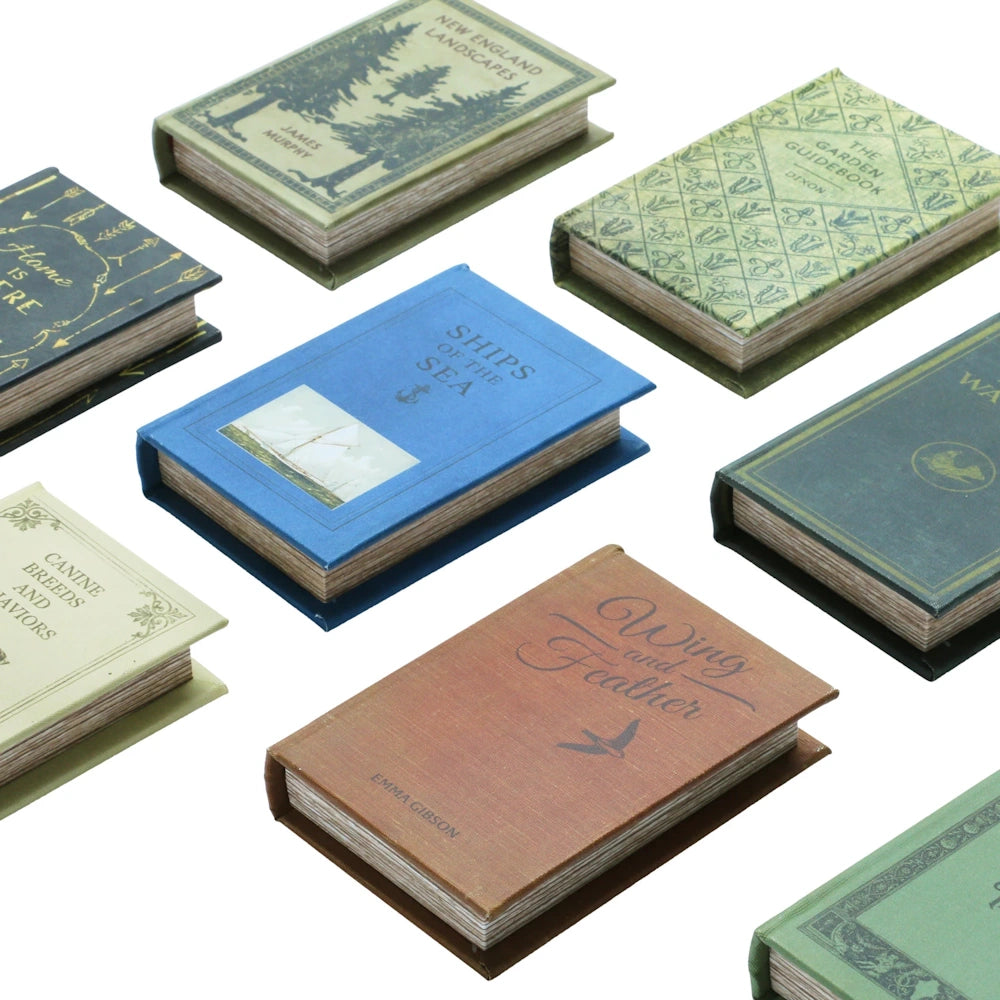 Collection of vintage-style miniature books including "Ships of the Sea" and "Wing and Feather" on a white background.