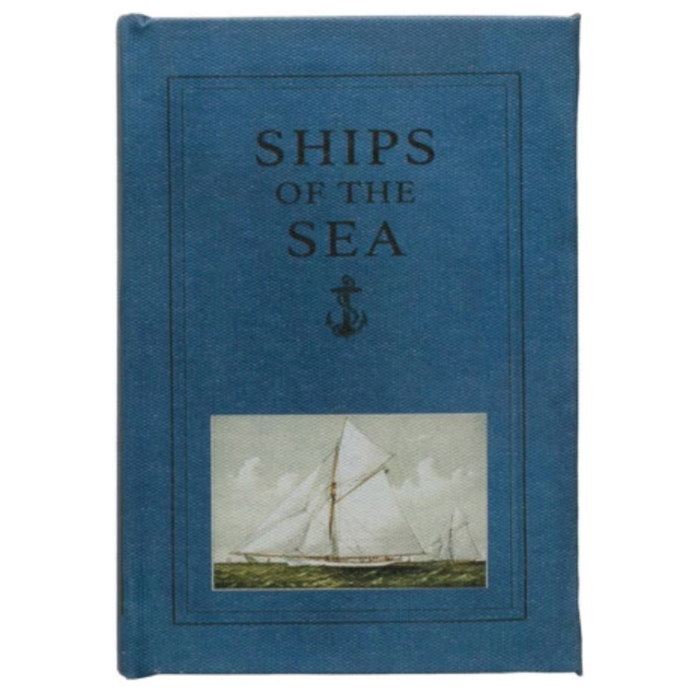 Blue vintage book cover titled Ships of the Sea with an anchor icon and illustration of a white sailing ship.