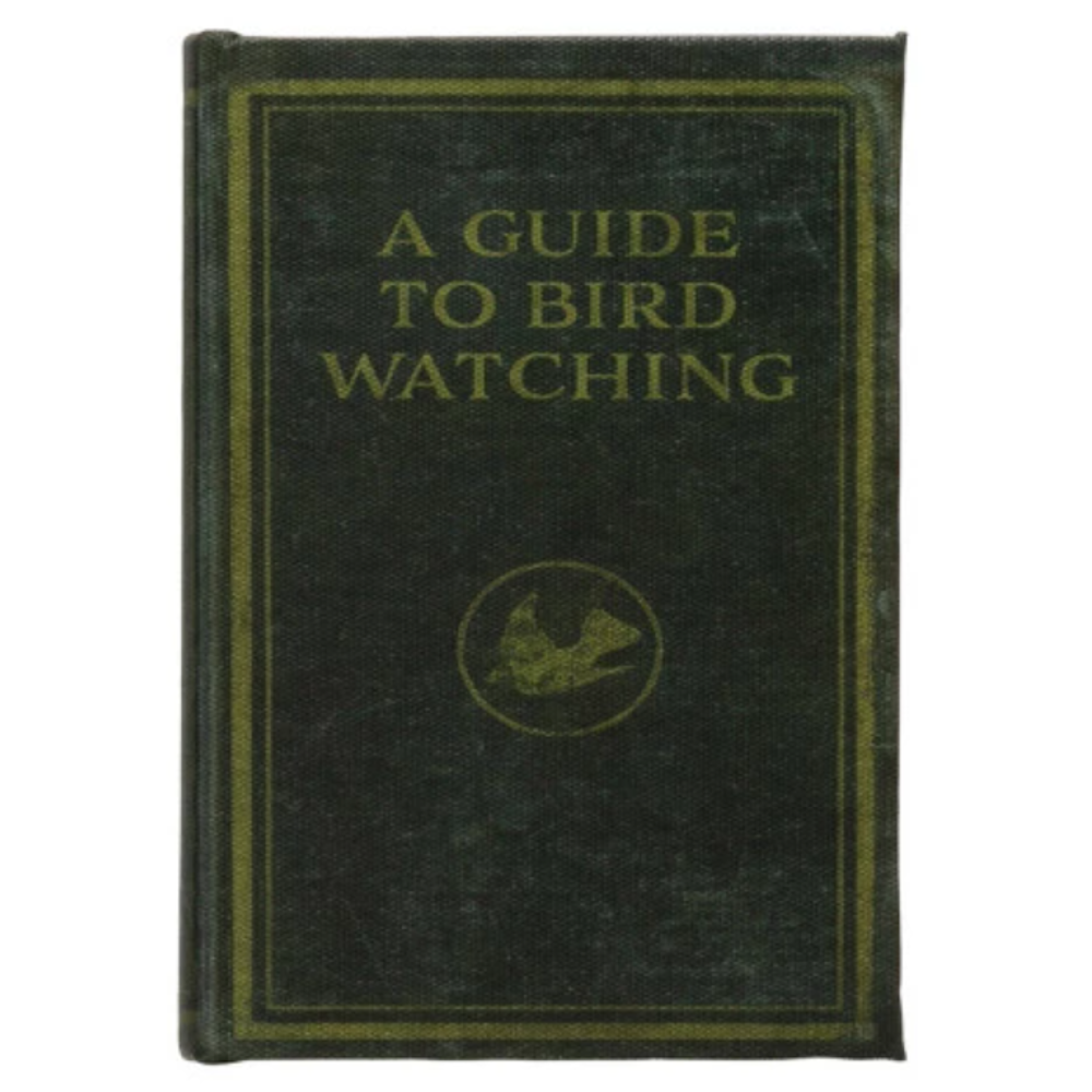 Vintage-style dark green book cover titled "A Guide to Bird Watching" with a gold bird emblem and decorative border.