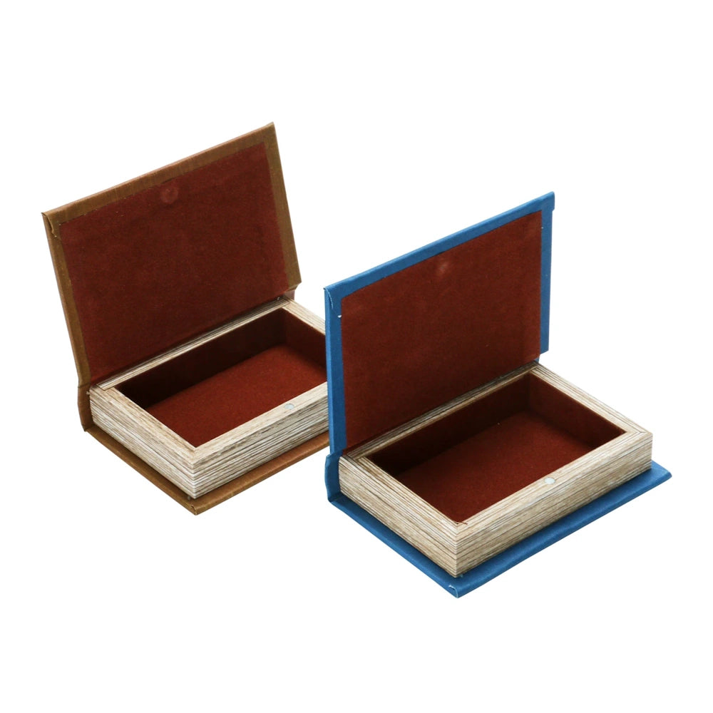 Open blue and brown book-shaped storage boxes with velvet lining, ideal for jewelry or secret safe stash storage.