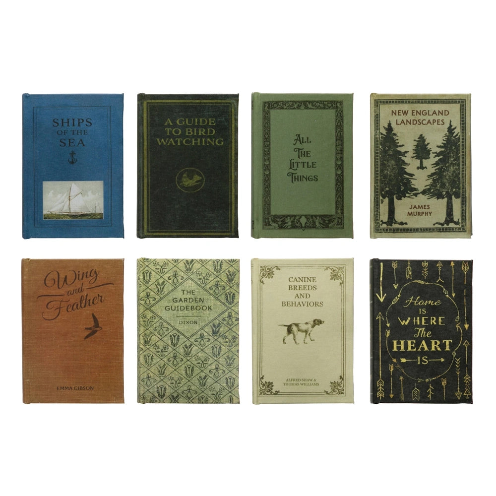Collection of eight vintage-style book covers including Ships of the Sea, Bird Watching, and New England Landscapes.