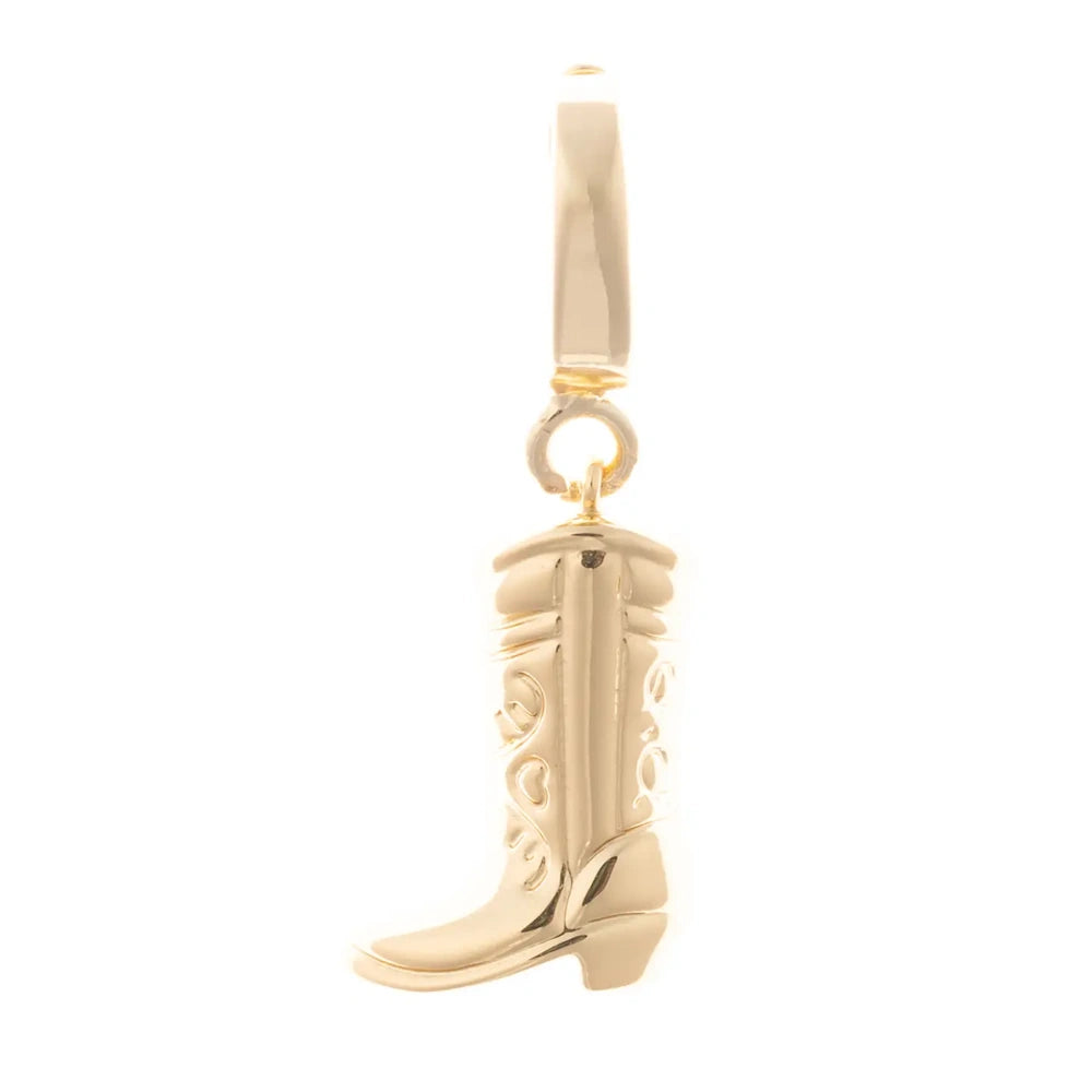 Gold charm shaped like a detailed cowboy boot featuring Western-style embossed scrollwork patterns.