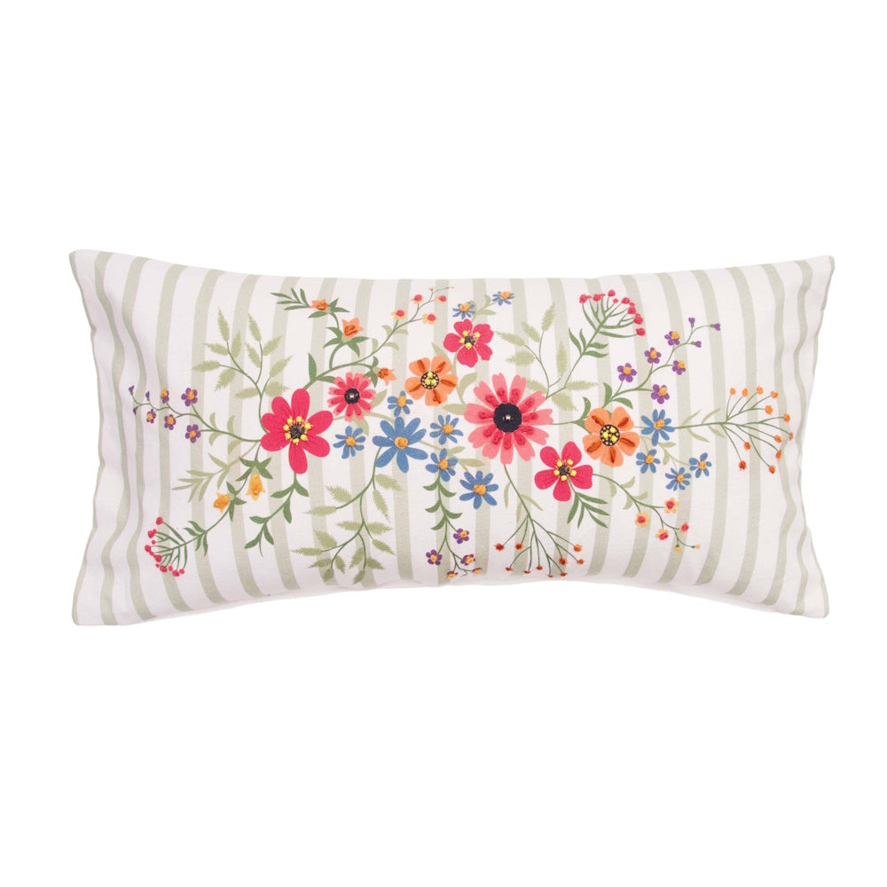 Rectangular pillow with sage green and white vertical stripes, featuring an embroidered wildflower bouquet.