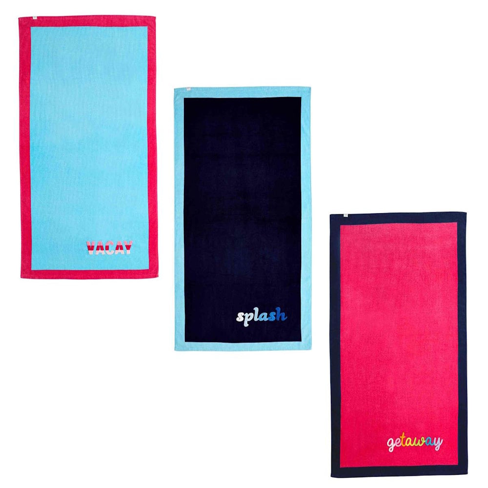 Three Bouclé beach towels in blue, navy, and pink with embroidered "VACAY," "splash," and "getaway" text and contrast borders.