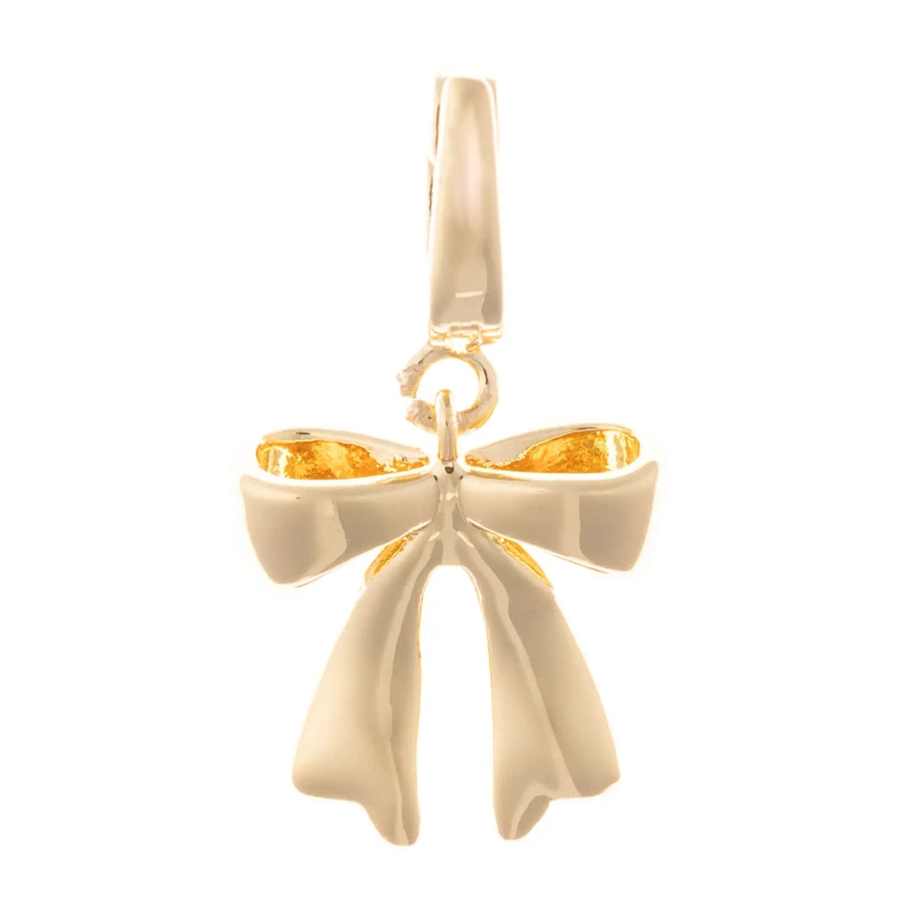 Gold bow pendant charm with a glossy enamel front and gold backing on a white background.