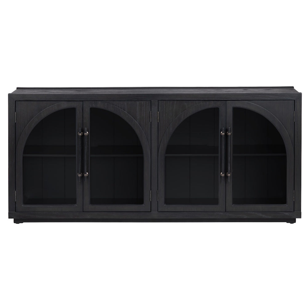 Black wood sideboard with four arched glass doors, internal shelving, and dark metal handles on a white background.