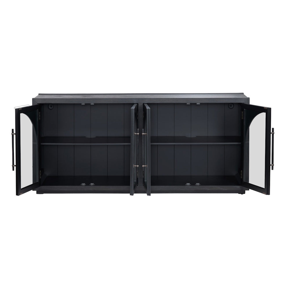 Modern black wood sideboard with four open glass-arched doors, internal shelving, and sleek metal handles on a white backdrop.