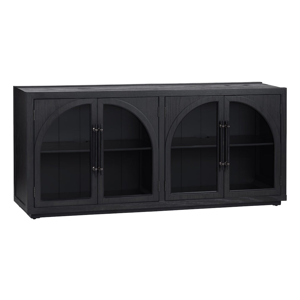 Black wood sideboard with four arched glass doors, internal shelving, and dark metal hardware on a white background.