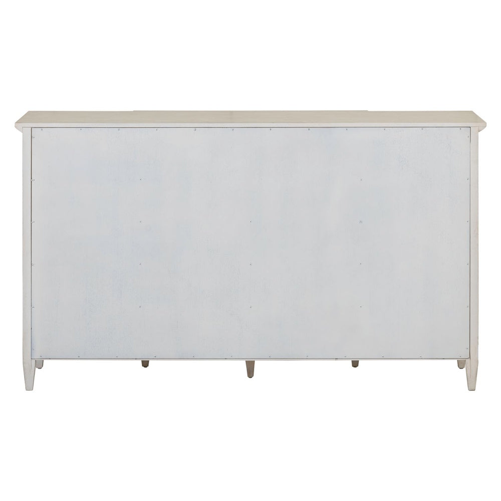 Rear view of a white wood breakfront accent cabinet showing the back panel.