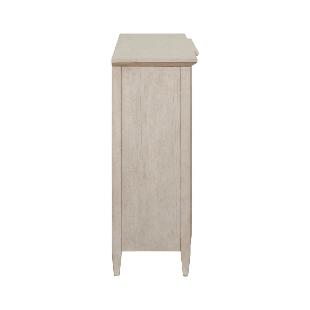 Side profile view of a white washed wood breakfront accent cabinet with a smooth finish.