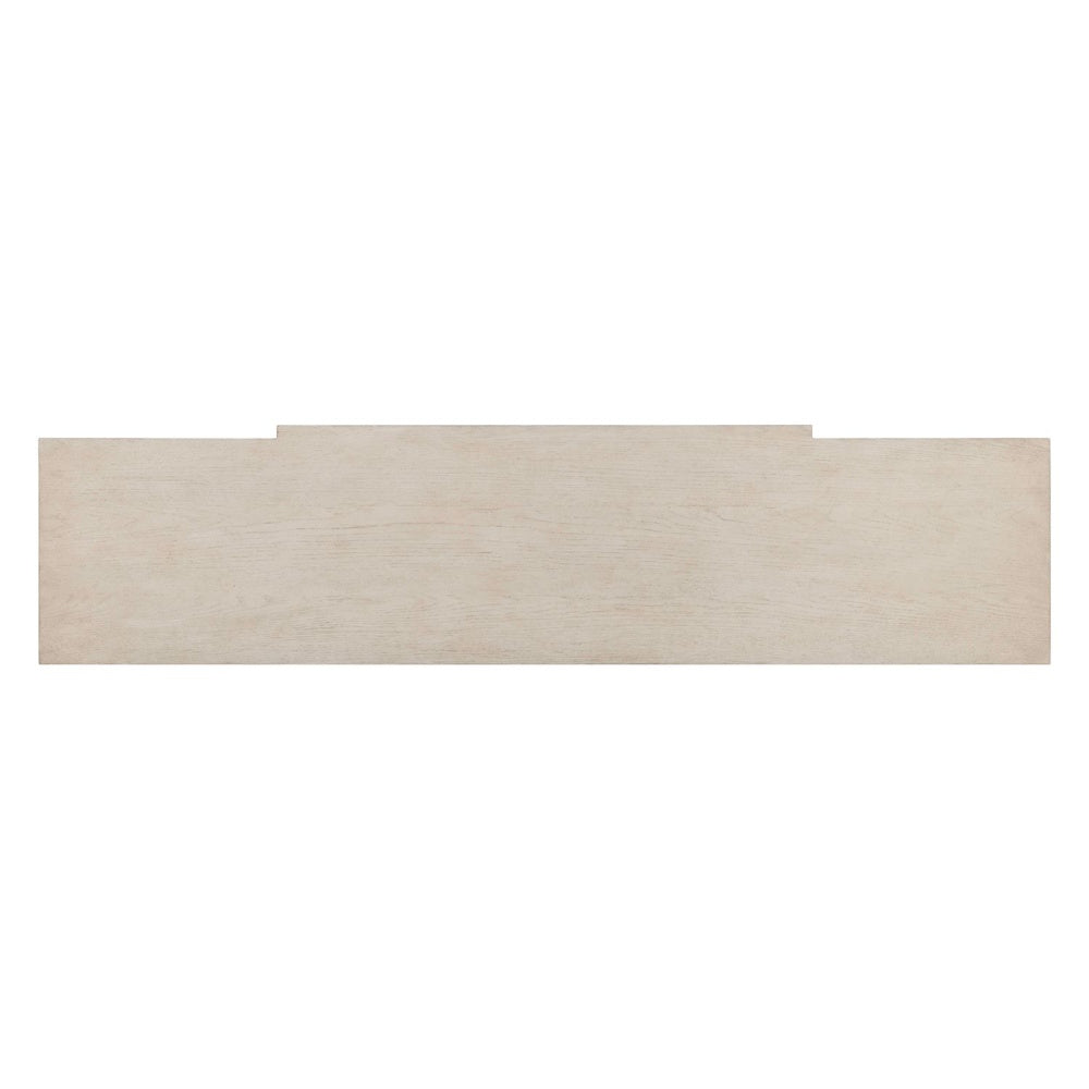 Top view of a light wood breakfront accent cabinet showing the smooth surface.