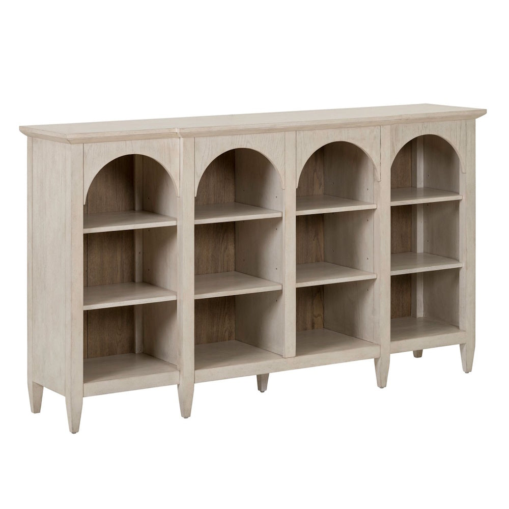 Light oak breakfront accent cabinet with arched open shelving and a rustic finish.