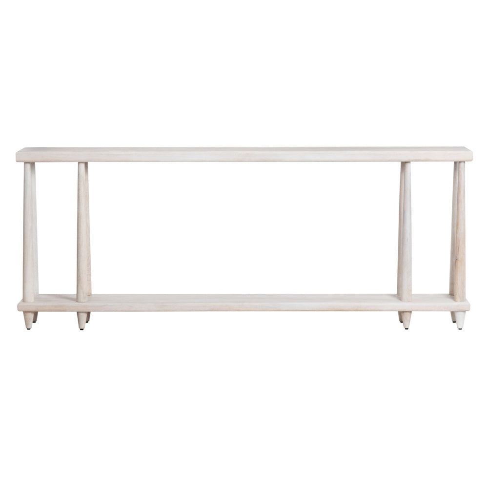 A narrow light wood console table with two shelves and five legs on white background.