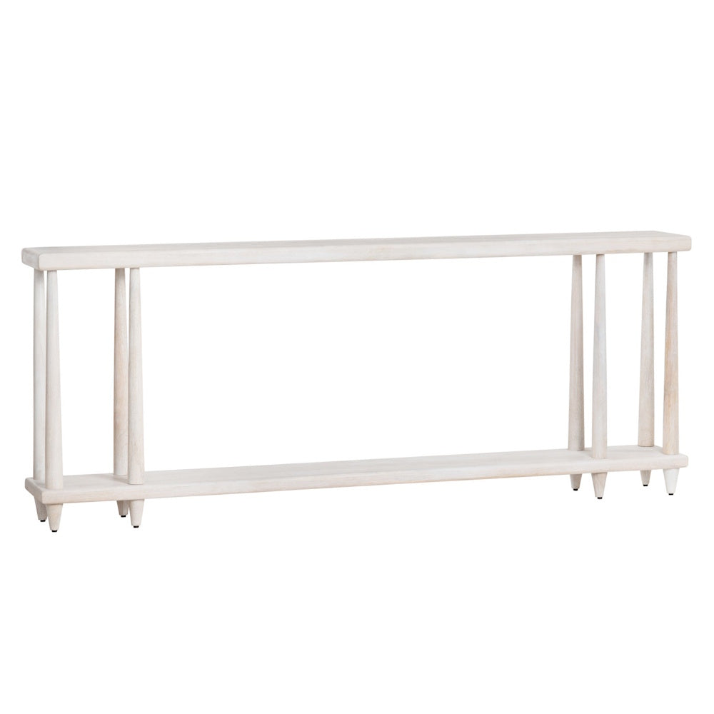 Minimalist white wash wood console table with a long narrow silhouette and tapered legs on a plain white background.