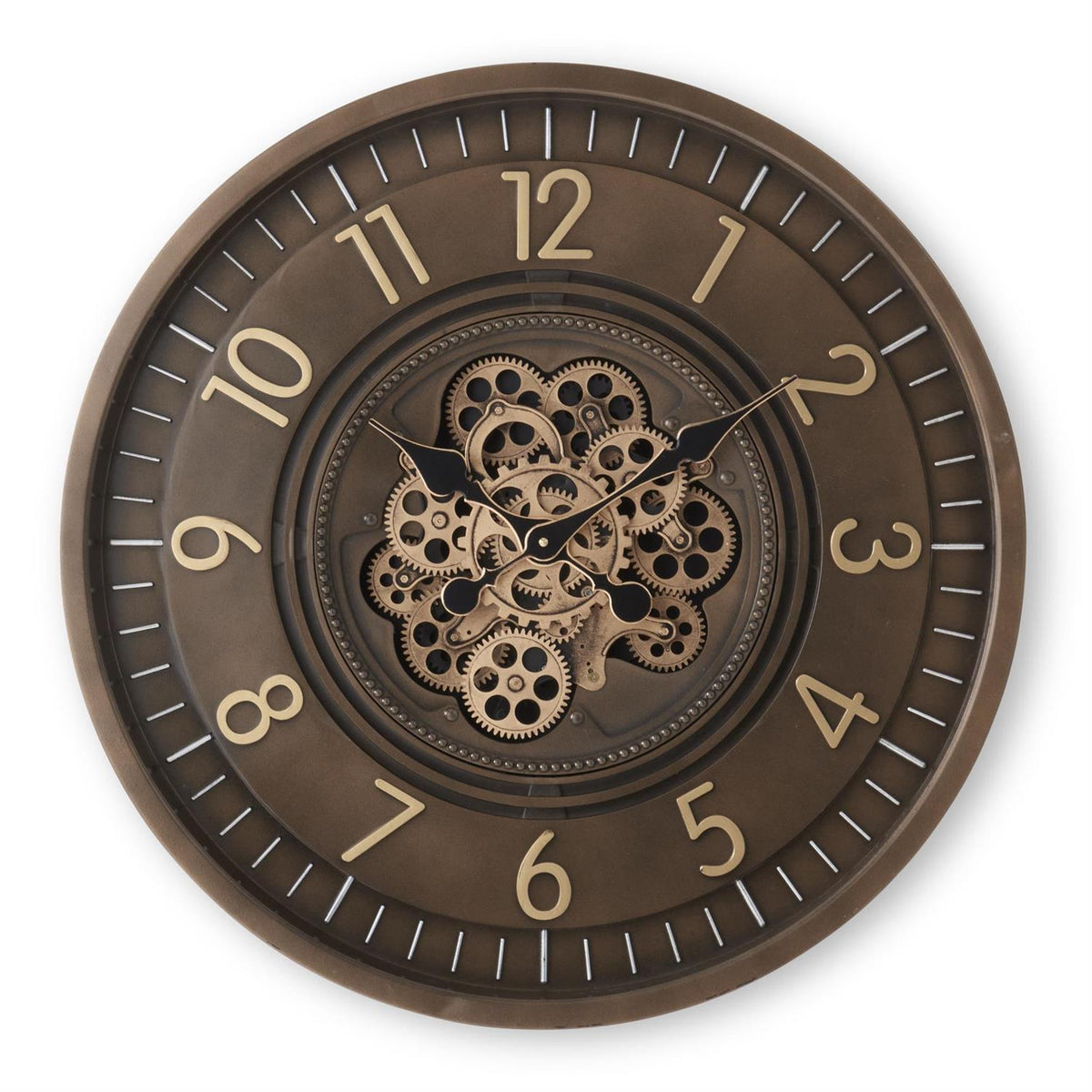 Round bronze wall clock with visible center gears and large numbers.