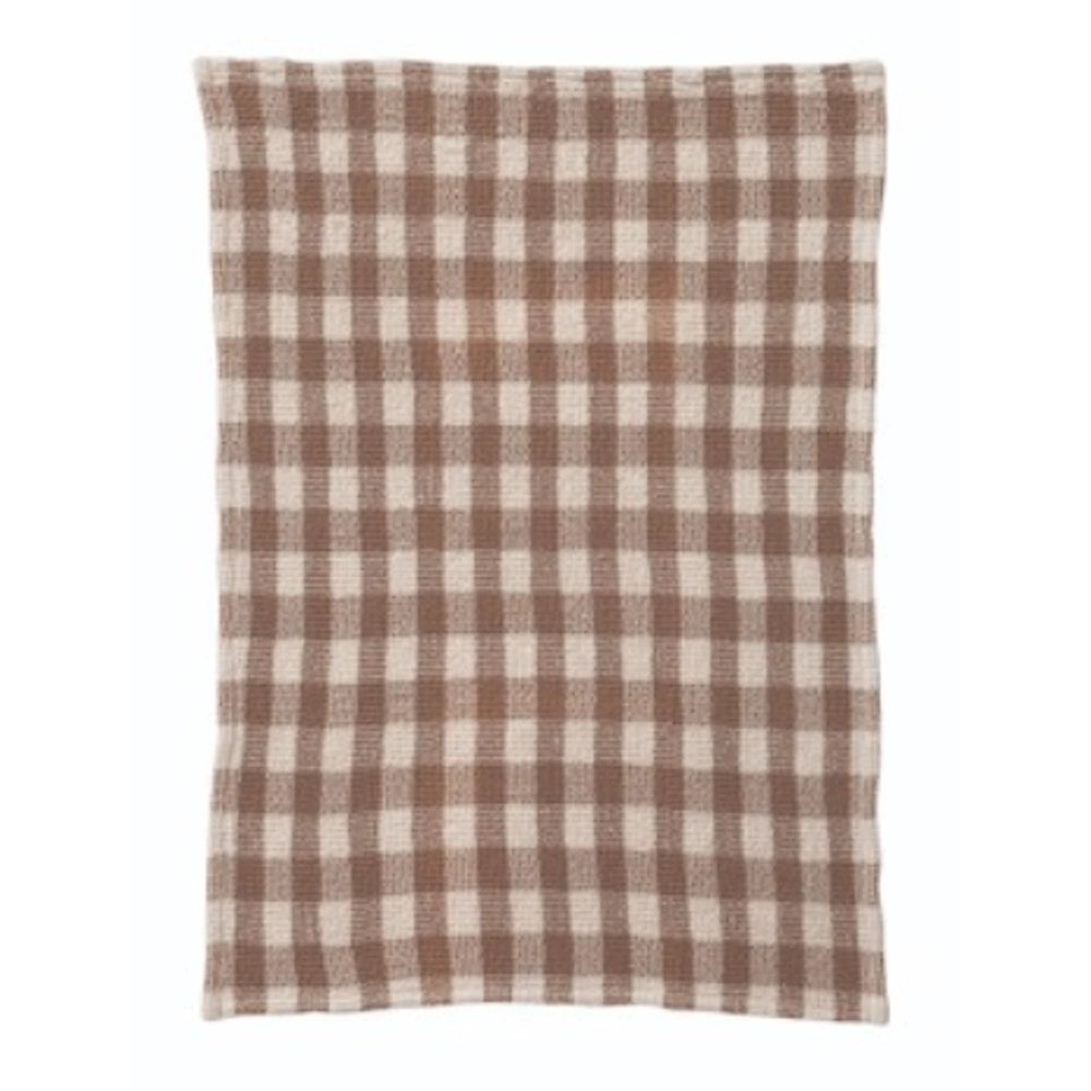 Brown and cream gingham waffle-weave cotton tea towel laid flat on a white background.