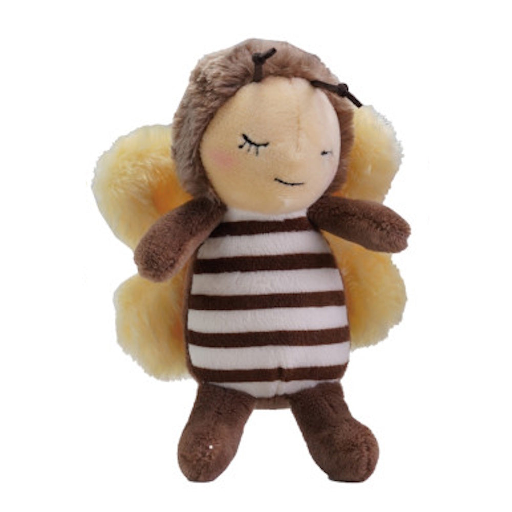 Plush bumblebee toy with brown and white stripes, yellow wings, and a sleeping face