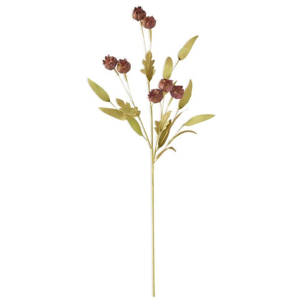 Artificial botanical spray with small brown pods and muted green leaves on white background.