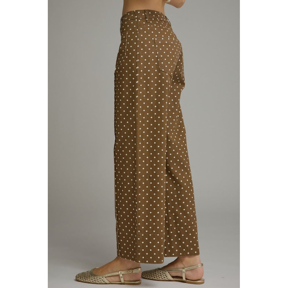Side profile of brown polka-dot wide-leg pants showing the high-waisted fit and back patch pocket.