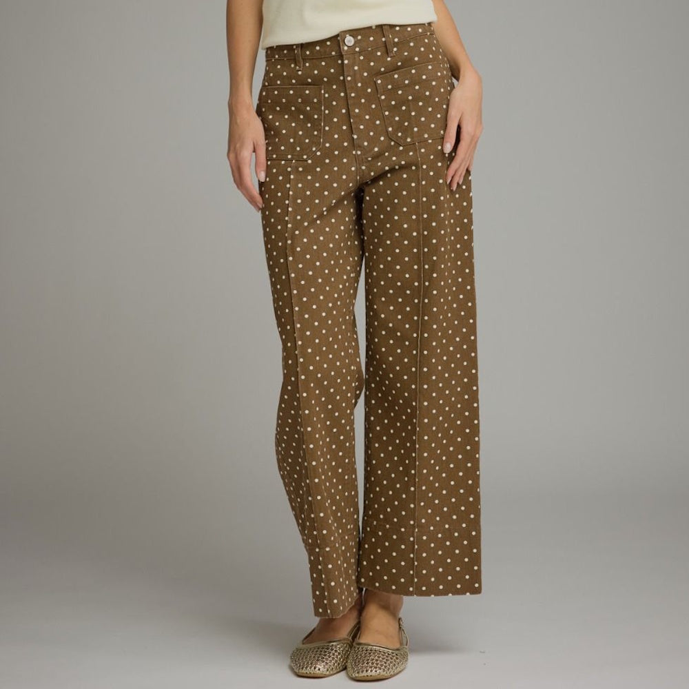 High-waisted brown wide-leg pants with white polka dots and front patch pockets.