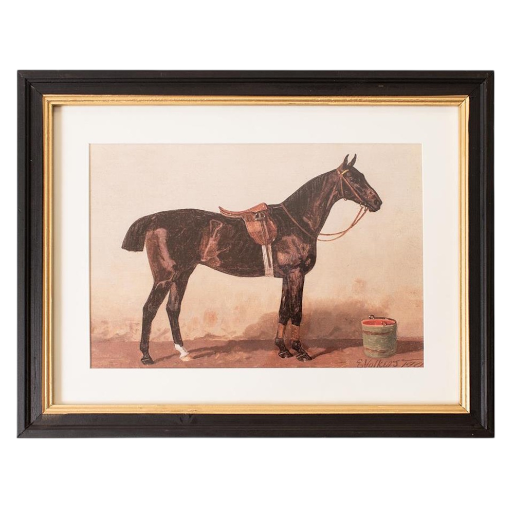 Framed vintage painting of a saddled dark brown horse standing in a stable next to a small bucket.