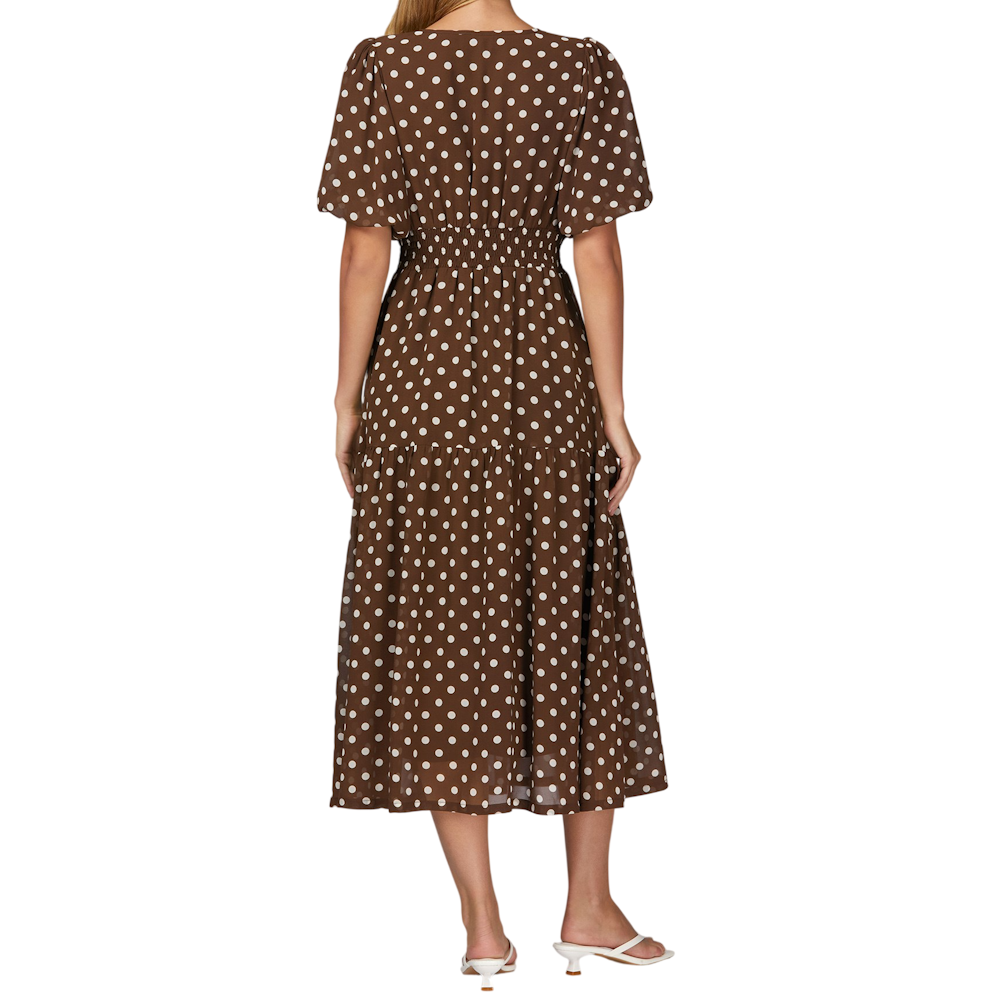 Back view of a woman wearing a brown polka dot tiered midi dress with short puff sleeves and smocked waist.