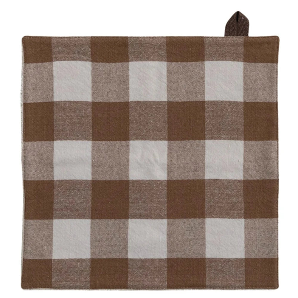 Brown and off-white gingham checkered woven cotton dish cloth with a hanging loop at the top corner.