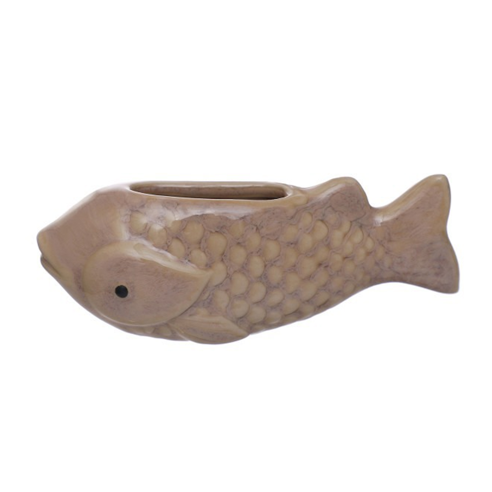 Brown fish-shaped stoneware mini vase with textured scales and magnetic back for wall or fridge decor.