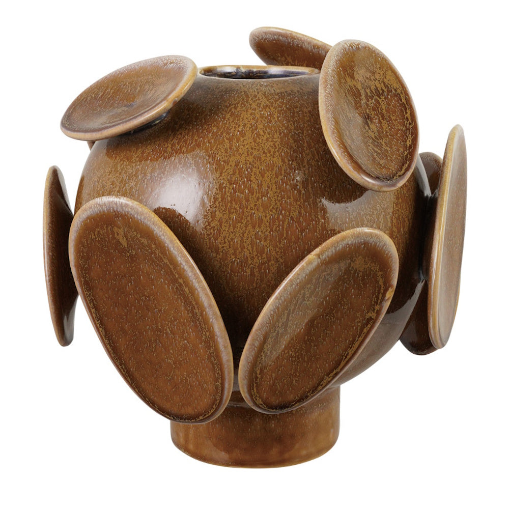 Spherical brown glazed ceramic vase adorned with protruding disc-like shapes, set on a low cylindrical base.