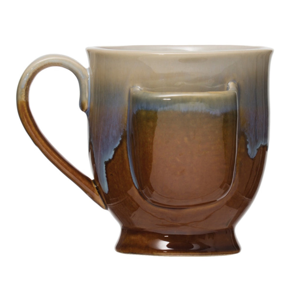 Brown stoneware mug with a built-in tea bag holder pocket and reactive drip glaze finish.