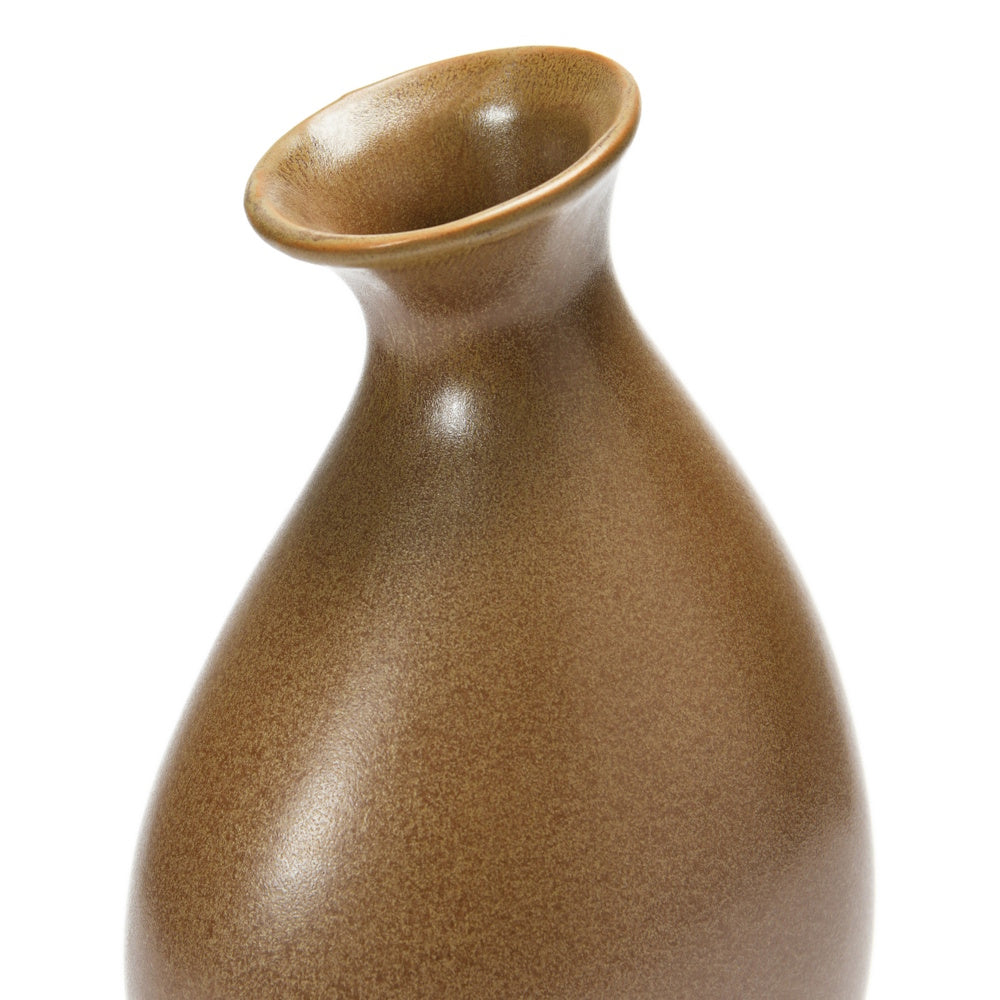 Close-up of a matte brown ceramic vase with a speckled texture and flared rim on a white background.
